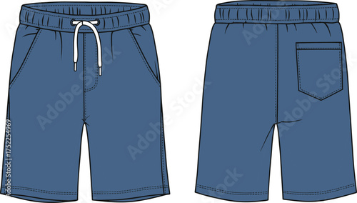 Casual shorts illustration, technical fashion flat, men apparel design, elastic waistband, drawstring closure, side pockets, back patch pocket, everyday wear