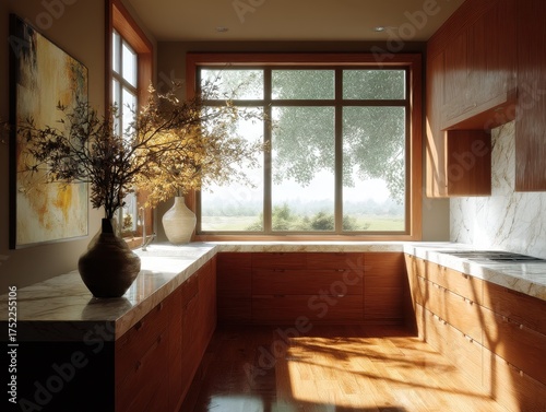 A kitchen with a window and a vase with flowers on the counter