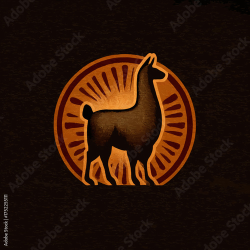 Llama silhouette within a sunburst circle on a textured background