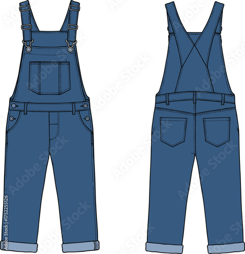 Denim overalls illustration, technical fashion flat, unisex apparel design, adjustable straps, front bib pocket, rolled cuffs, casual wear, garment construction