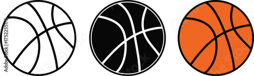 Three Basketballs Outline Black Orange Isolated on White Icon Set, Flat Design