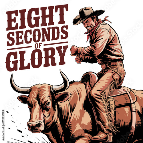 Cowboy Riding a Bucking Bull with Eight Seconds of Glory Text bull rider rodeo