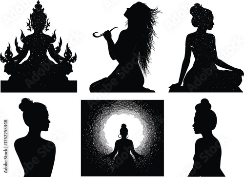 Spiritual silhouette art, mystical human figures, dramatic poses, tunnel light contrast, deity meditation, ritual symbolism, black shadow design, spiritual concept