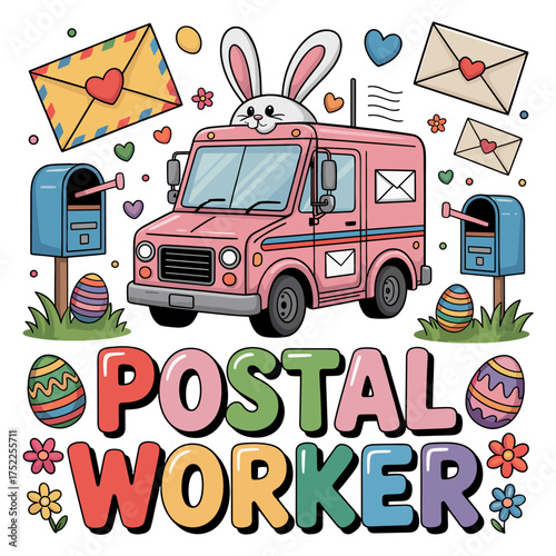 Cute Easter postal worker truck with bunny and mail vector illustration