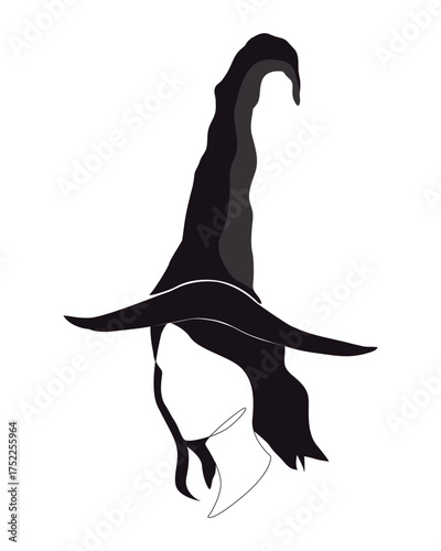 Silhouette of beautiful witch girl in pointy hat in profile. Isolated hand drawn vector illustration