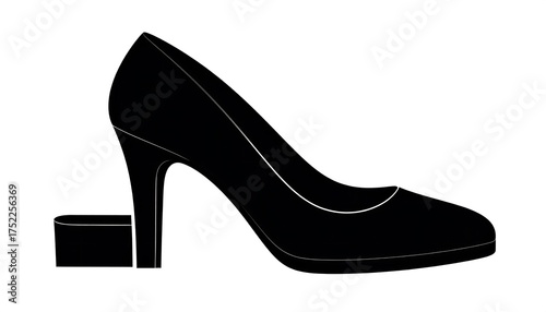 A monochromatic vector illustration of a high-heeled shoe with a solid black silhouette and a block-like heel