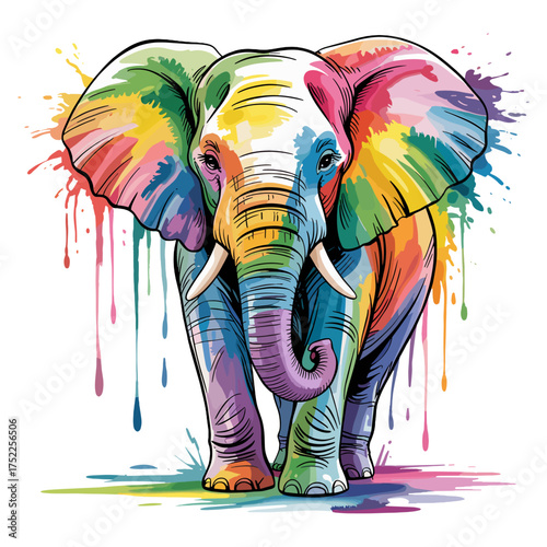 Elephant Walking with Vibrant Rainbow Watercolor Splatter Paint Effect Keywords: Elephant, animal, wildlife, rainbow, vibrant, watercolor, splatter, paint, dripping, colorful, majestic, large