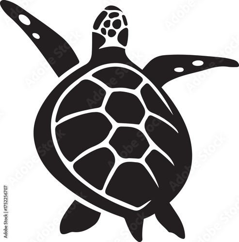 Stylized sea turtle swimming black vector, Ocean animal silhouette illustration