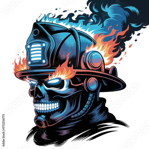 Fiery skull in a firefighter helmet with glowing eyes Keywords: skull, firefighter, helmet, fire, flames, smoke, glowing eyes, blue, orange, red, dark, intense, powerful, dangerous, brave, heroic