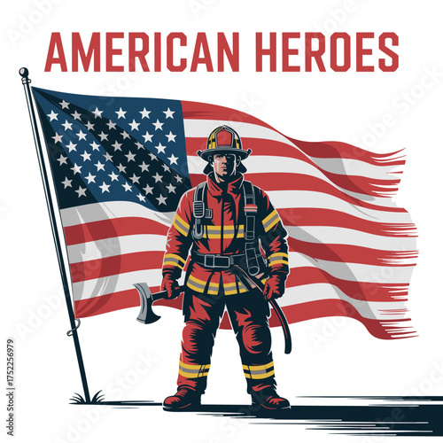 Firefighter Standing Proudly Before a Waving American Flag american hero fire fighter