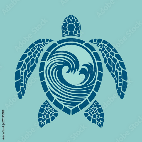 Sea turtle with ocean waves in shell graphic on light blue background