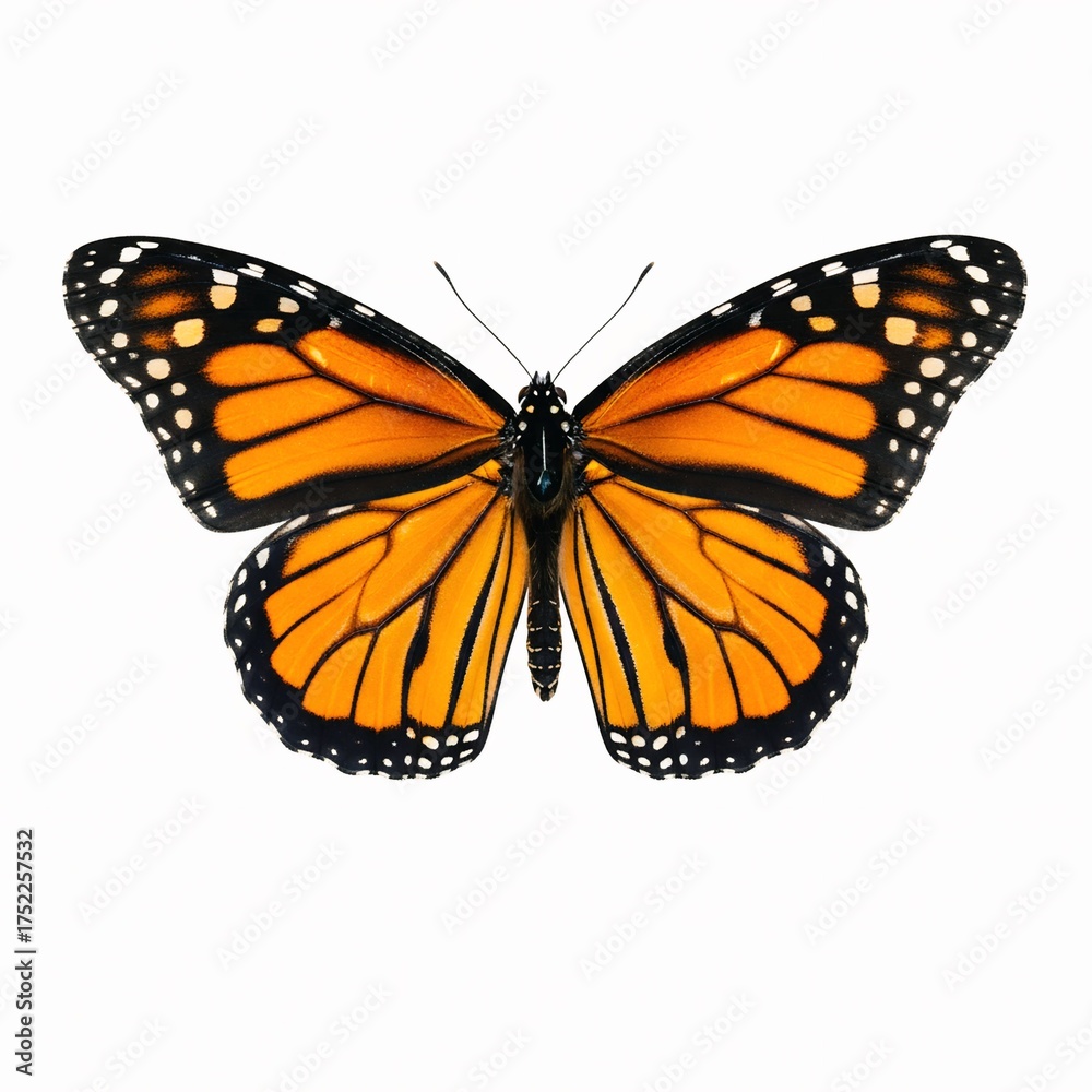 Fototapeta premium Monarch butterfly close up white background orange and black wings detailed insect photography image