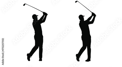 Silhouettes of golfers in mid swing demonstrating different golf techniques