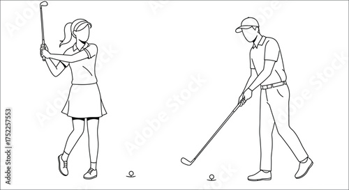 A simple black and white illustration of a man and woman golfing