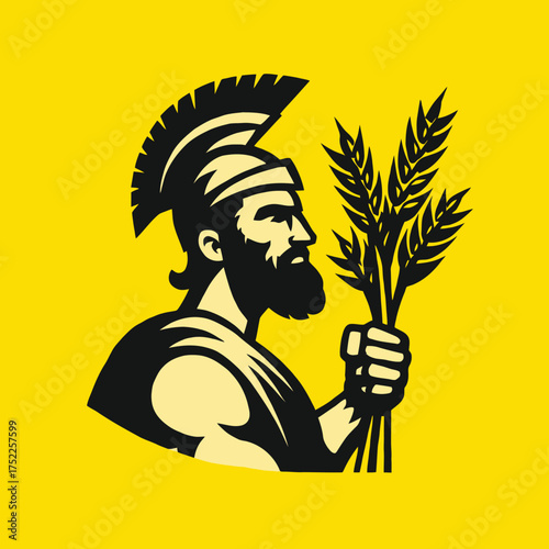 Warrior with helmet holding wheat stalks on yellow background