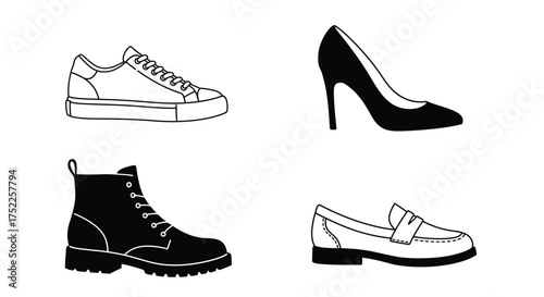 A simple illustration displaying four distinct types of footwear in black and white