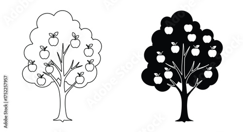 Two apple trees depicted in contrasting black and white styles