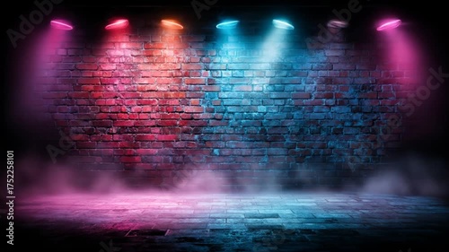 Colorful illuminated brick wall backdrop with vibrant spotlights and fog effect