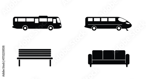 Simple black silhouettes of a bus a van a bench and a sofa