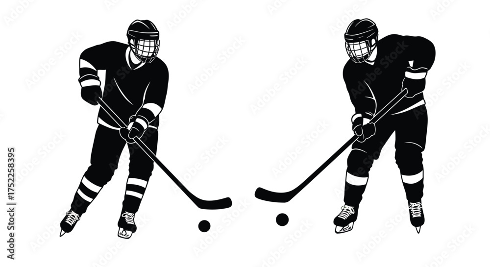 Fototapeta premium Two hockey players in black uniforms poised for a faceoff position
