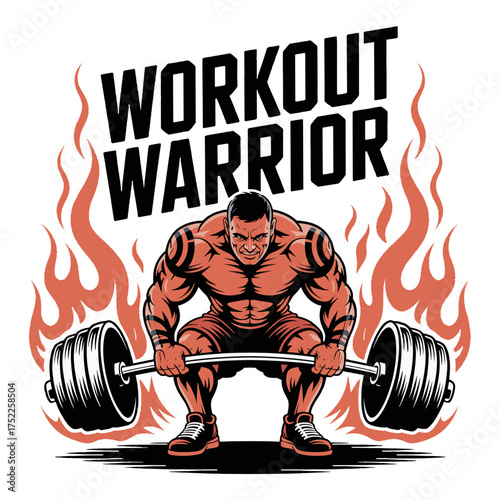 Muscular man lifting barbell with flames and text WORKOUTWARIOR male adult