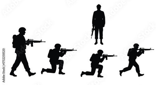 Silhouettes of armed soldiers in various combat positions a military scene