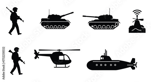 Military vehicles and soldiers depicted in a flat black silhouette style
