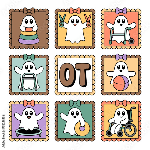 Nine cartoon ghosts in frames with OT text and objects for occupational therapy cute kawaii