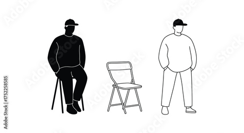 Simple illustration of two figures and a folding chair in white space