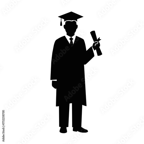 Graduate man holding diploma in academic gown with cap