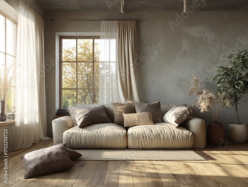 Fototapeta Naklejka Na Ścianę i Meble -  A living room with a white couch and a plant