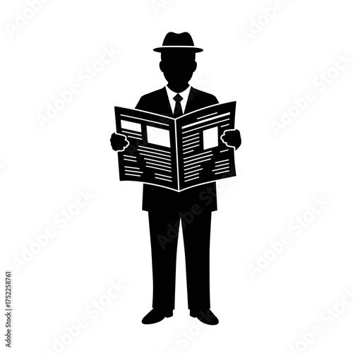 Man in suit reading newspaper standing with a hat