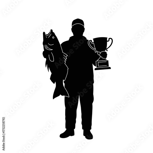 Man holding trophy fish and award cup for International Men's Day  