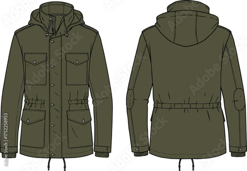 Hooded jacket illustration, technical fashion flat, men outerwear design, zipper closure, storm flap, flap pockets, drawstring waist, reinforced elbows