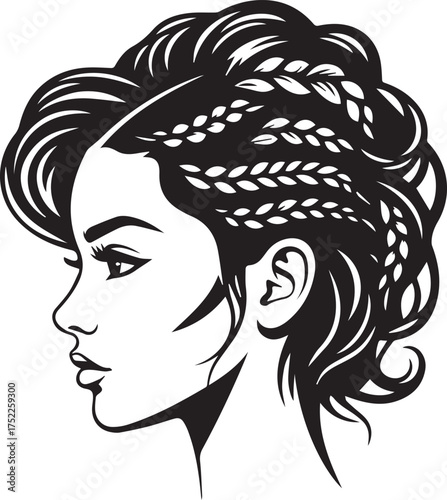 Stylized black and white illustration of a womans profile with intricate braids and voluminous wavy hair