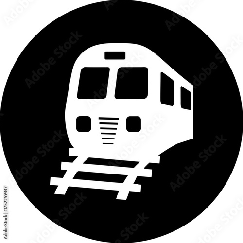 A train on tracks inside a black circle design element for transportation themes use case