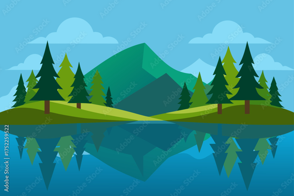 Fototapeta premium Landscape view of mountain and trees reflected water