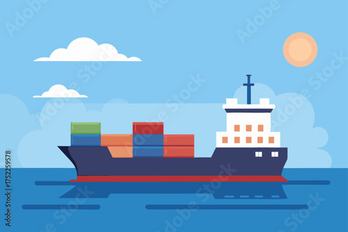 Cargo ship sailing on the ocean under a sunny sky