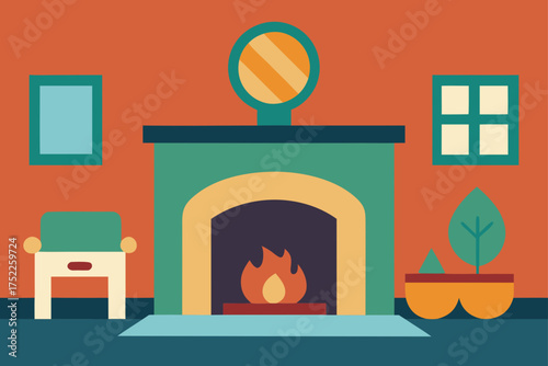 A cozy living room with a fireplace and armchair