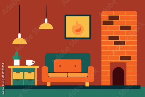 Illustration of a cozy living room with fireplace