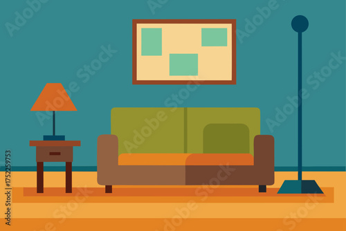 Living room scene with couch lamp and wall picture