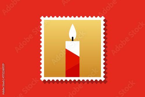 A stylized candle illustration depicted within a postage stamp frame against a red background.