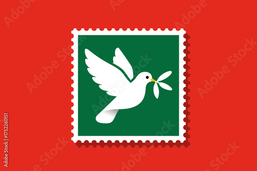 A white dove carrying an olive branch in its beak, displayed on a green postage stamp against a red background.