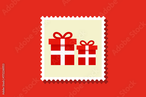 Two red gift boxes with bows on a postage stamp, set against a red background.