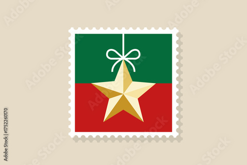 A festive postage stamp design featuring a golden star suspended against a green and red background.