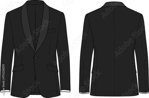 Men blazer illustration, technical fashion flat, formal jacket design, single breasted style, notched lapel, chest pocket, flap pockets, tailored fit