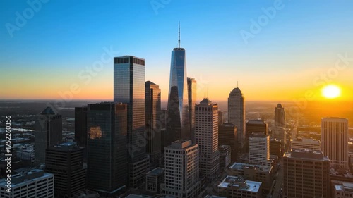Stunning Aerial View of Urban Skyline at Sunset with Vibrant Colors