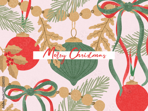 Merry Christmas greeting card, cover or web banner. Beautiful Xmas design in trendy hand drawn style with decorated Christmas tree with balls, toys, bows and garlands for season greetings, ads, print.