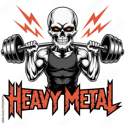 Skull Weightlifter with Heavy Metal Text and Lightning Bolts barbell lifting weights