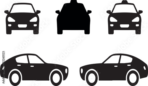 Black car silhouettes front side and taxi views automobile vehicle